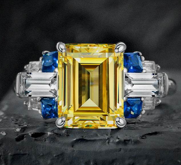 s925 silver 4 carat extremely high artificial sapphire rectangular 8*10 ring high carbon diamond retro luxury ring - MOWTE