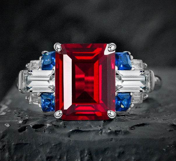 s925 silver 4 carat extremely high artificial sapphire rectangular 8*10 ring high carbon diamond retro luxury ring - MOWTE