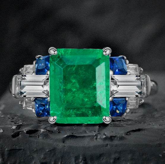 s925 silver 4 carat extremely high artificial sapphire rectangular 8*10 ring high carbon diamond retro luxury ring - MOWTE