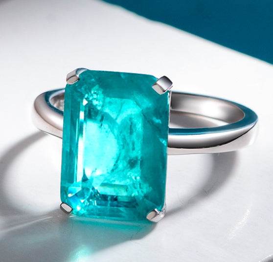 7 carat emerald ring 10*14 synthetic Paraiba simple women's ring - MOWTE
