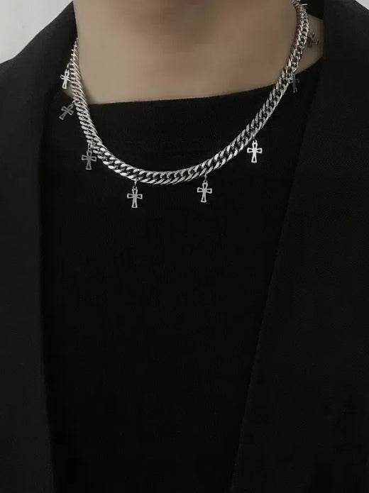Pure silver Cuban necklace short collarbone chain trendy hip-hop cross pendant - MOWTE