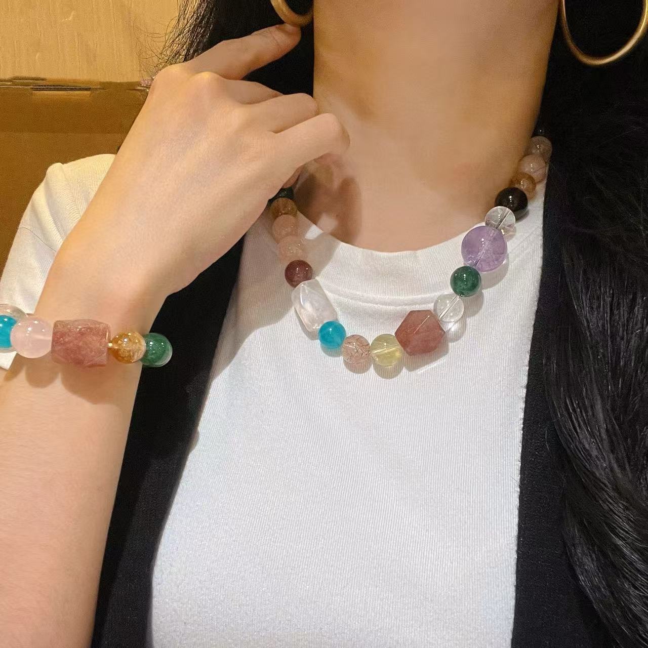 12-18mm large natural high-end amethyst white crysta amazonite black gold citrine bracelet necklace