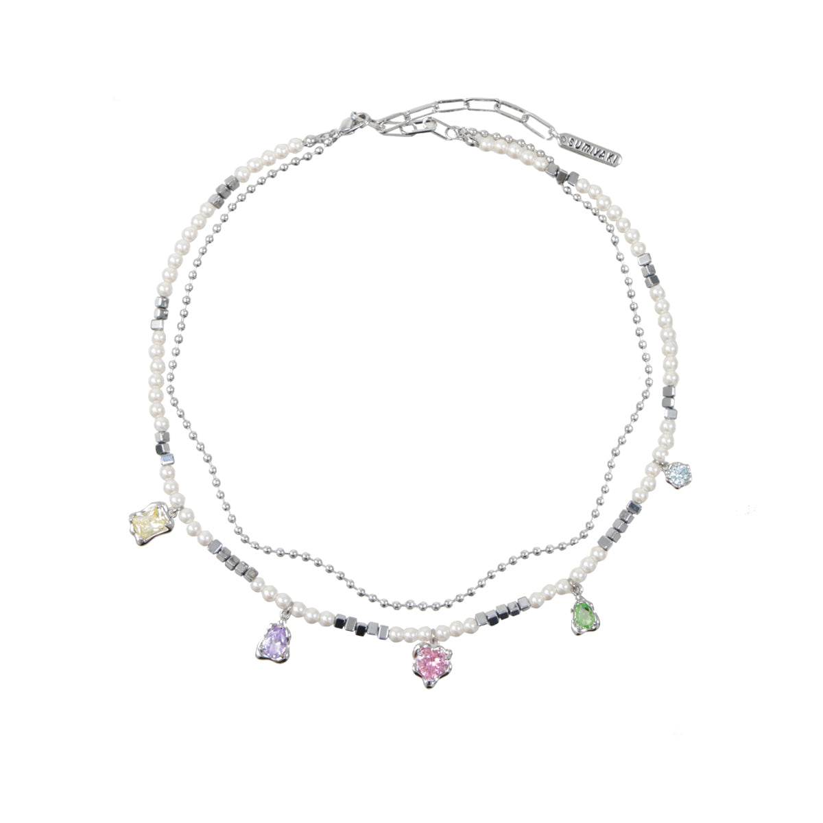 Rainbow zircon sweet cool pearl collarbone chain pearl necklace for women - MOWTE