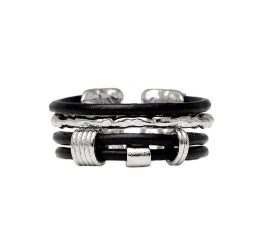 Personality sterling silver ring leather cord multi-layer open index finger ring dark - MOWTE