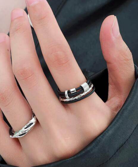 Personality sterling silver ring leather cord multi-layer open index finger ring dark - MOWTE