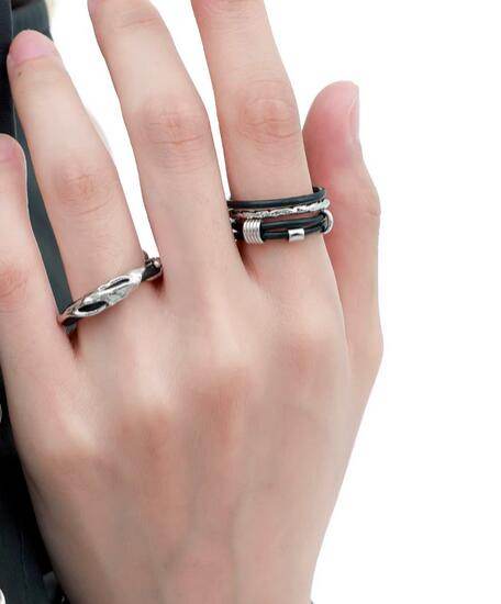 Personality sterling silver ring leather cord multi-layer open index finger ring dark - MOWTE