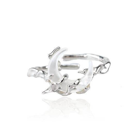 Unique Bone Orchid Moon Sterling Silver Ring Index Finger Dark Couple Ring - MOWTE