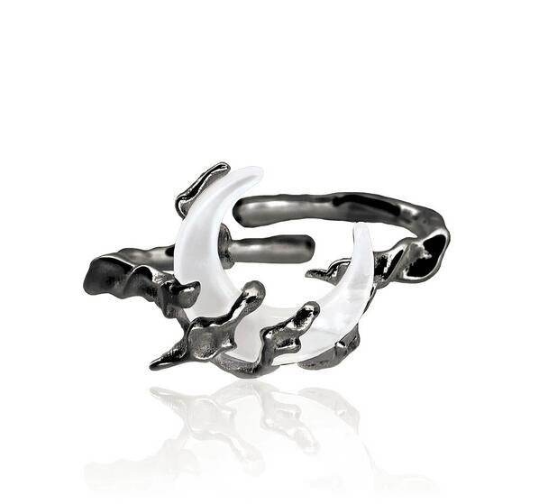 Unique Bone Orchid Moon Sterling Silver Ring Index Finger Dark Couple Ring - MOWTE