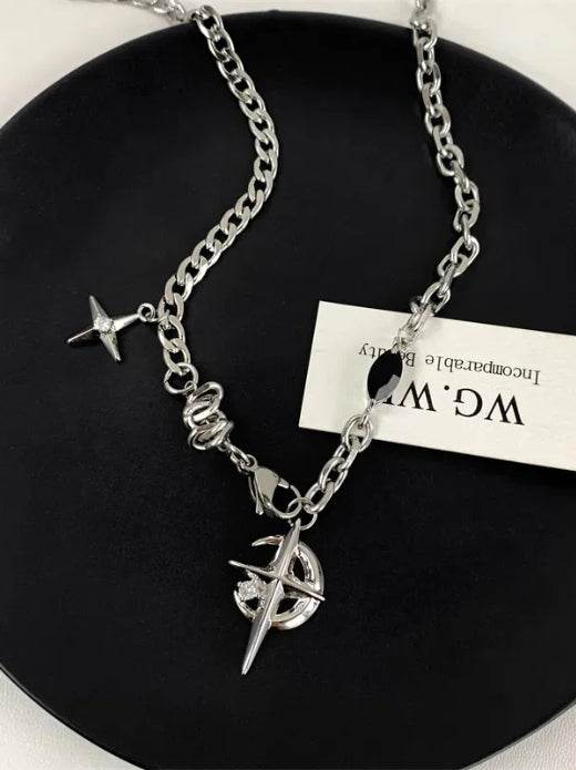 Pure silver necklace black gemstone star hip-hop street sweater chain - MOWTE