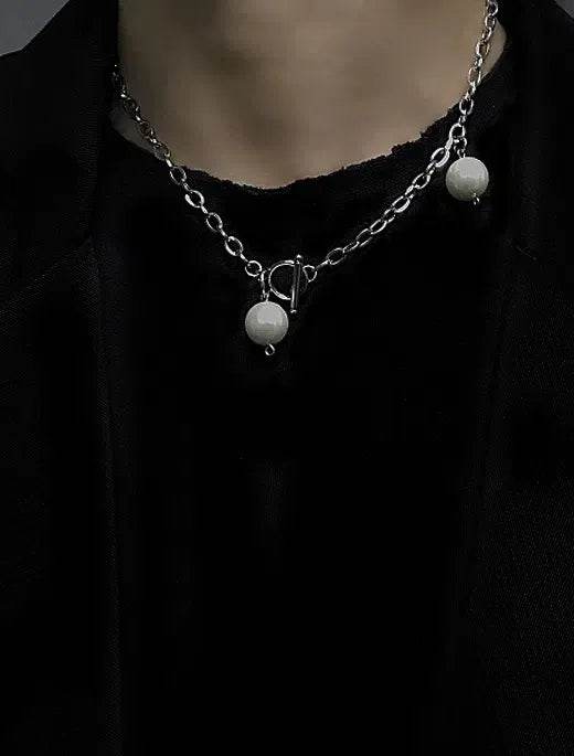 Pure silver spliced necklace cool style pearl collarbone chain couple's personalized pendant - MOWTE