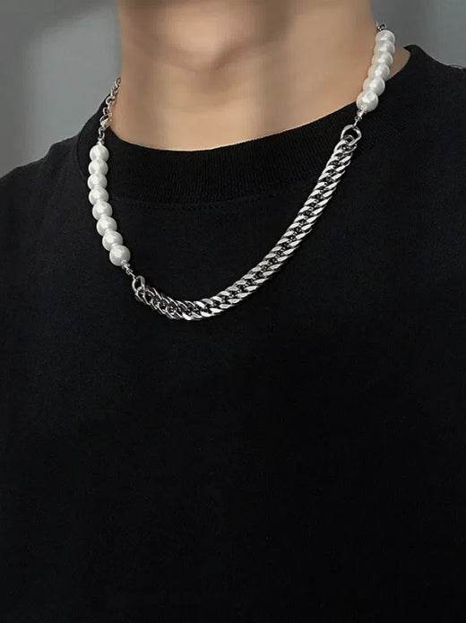 Pure silver patchwork Cuban chain necklace cool pearl hip-hop street personality accessory - MOWTE