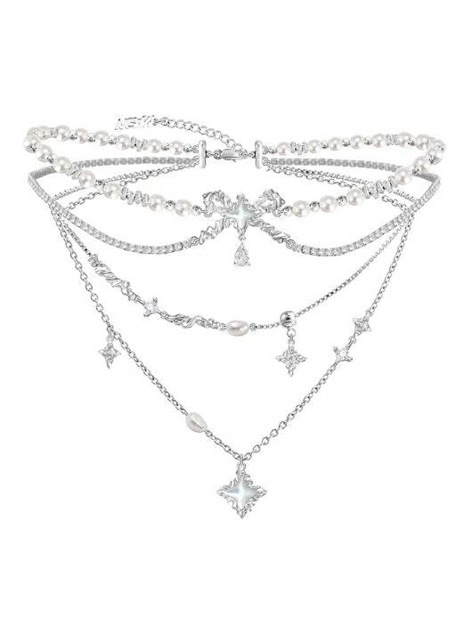 Stars attract each other white shell luxury pearl necklace multi-layer stacked collarbone chain - MOWTE