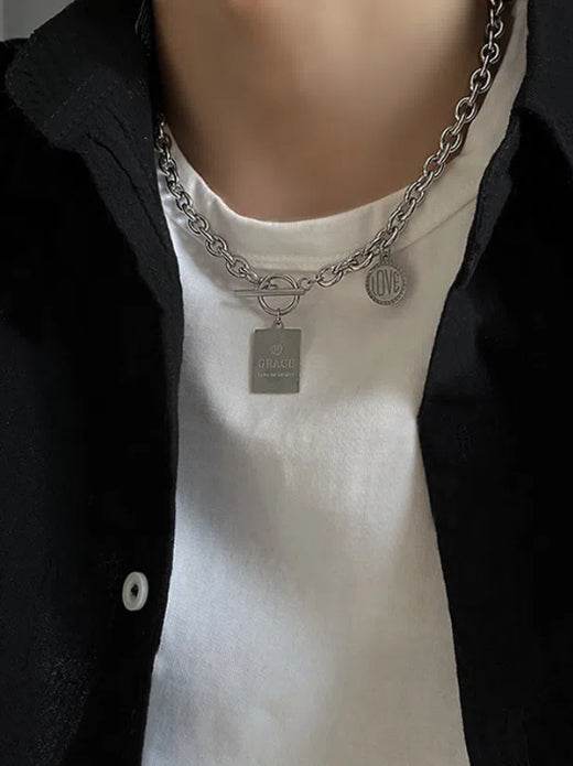 Pure silver round square combination hip-hop short collarbone chain Harajuku dark style personality pendant - MOWTE