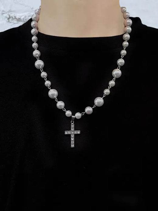 Sterling Silver Diamond Cross Necklace Street Versatile Splicing Pearl Fashion Pendant - MOWTE
