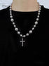 Sterling Silver Diamond Cross Necklace Street Versatile Splicing Pearl Fashion Pendant - MOWTE