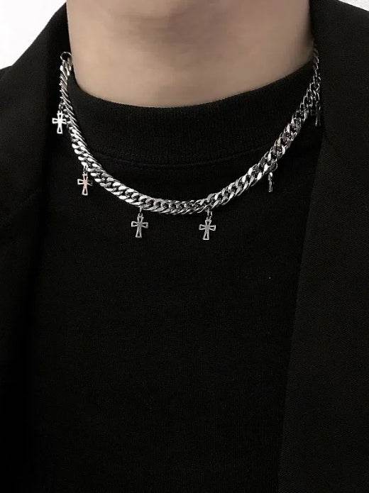Pure silver Cuban necklace short collarbone chain trendy hip-hop cross pendant - MOWTE