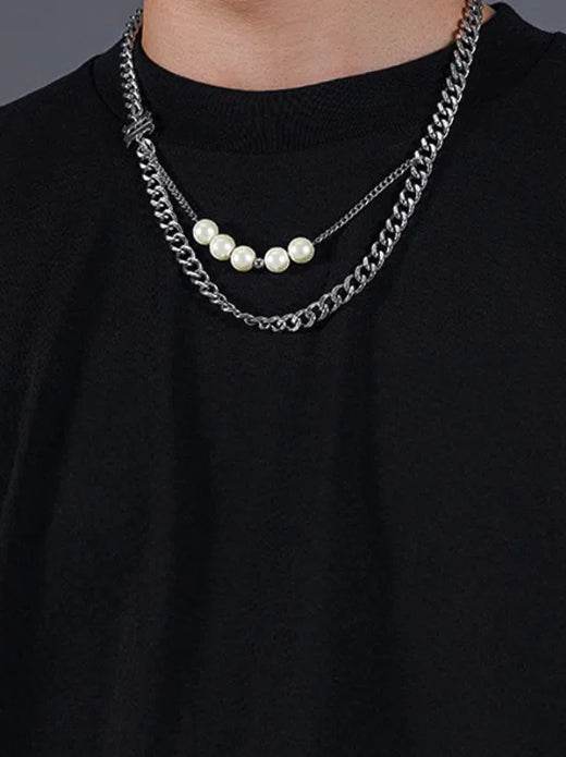 Pure silver double-layer pearl layered necklace hip-hop personalized design letter pendant - MOWTE