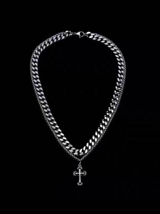 Pure silver double-layer cross Cuban necklace dark style trend hip-hop personality pendant - MOWTE