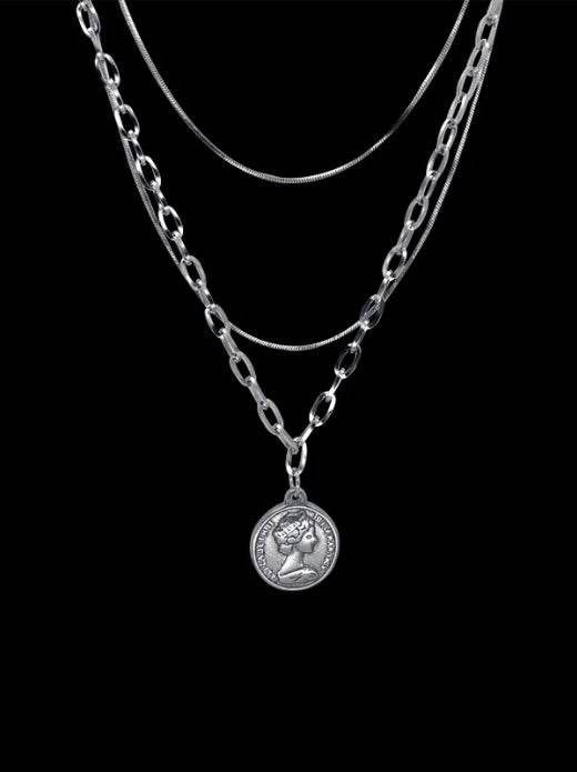 Pure silver multi-layer retro round brand necklace simple collarbone sweater chain trendy hip-hop personality pendant - MOWTE