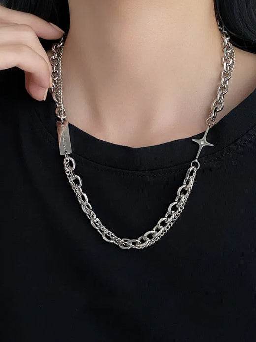 Pure silver necklace trendy cool style hoodie accessories cross star awning hip-hop sweater chain - MOWTE