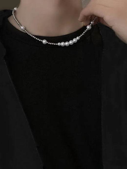 Pure silver round bead patchwork pearl necklace cool style hip-hop versatile personalized accessory - MOWTE