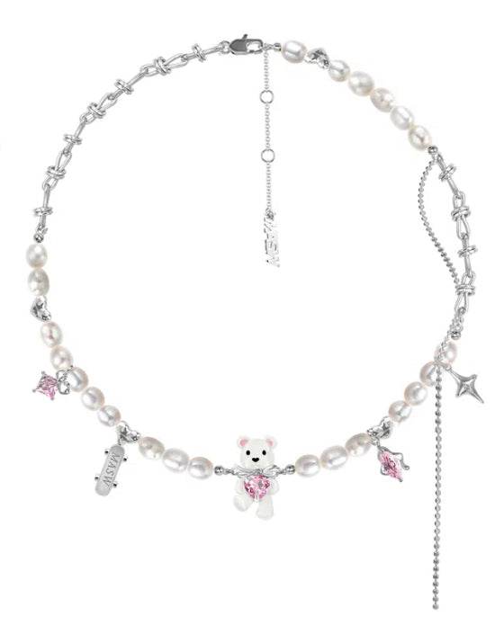 Pearl teddy bear necklace sweet cool versatile cartoon niche necklace - MOWTE