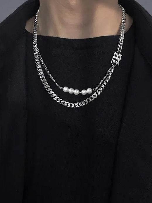 Pure silver double-layer pearl layered necklace hip-hop personalized design letter pendant - MOWTE