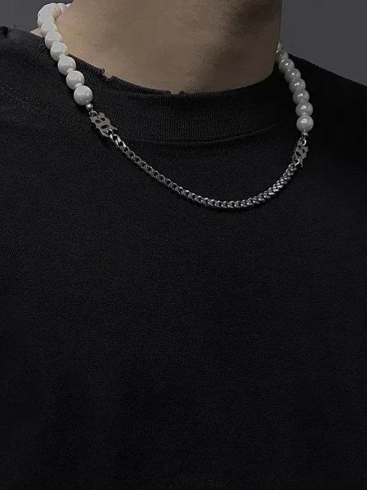 Pure silver letter splicing pearl necklace cool style collarbone chain versatile Baroque accessories - MOWTE