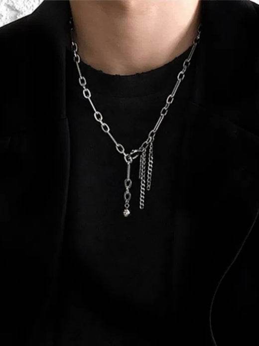 Pure silver paperclip necklace cool minimalist style collarbone chain street trendy hip-hop round bead tassel pendant - MOWTE