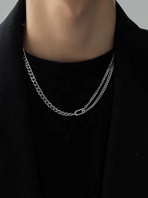 Pure silver double-layer black diamond splicing Cuban chain necklace cold hip-hop street minimalist pendant - MOWTE