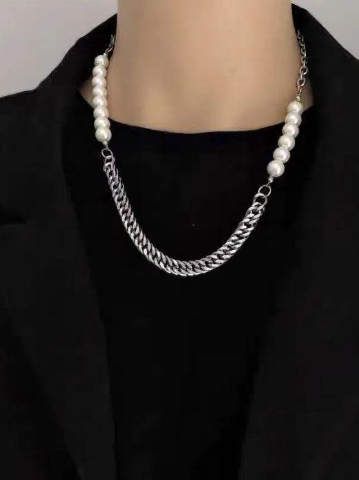 Pure silver patchwork Cuban chain necklace cool pearl hip-hop street personality accessory - MOWTE