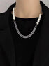 Pure silver patchwork Cuban chain necklace cool pearl hip-hop street personality accessory - MOWTE