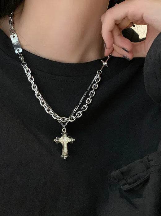 Pure silver cross necklace double-layer spliced zircon hip-hop sweater chain sweatshirt chain - MOWTE