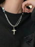 Pure silver cross necklace double-layer spliced zircon hip-hop sweater chain sweatshirt chain - MOWTE