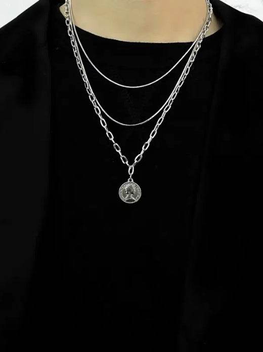 Pure silver multi-layer retro round brand necklace simple collarbone sweater chain trendy hip-hop personality pendant - MOWTE