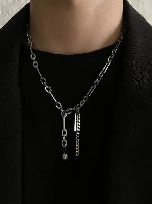 Pure silver paperclip necklace cool minimalist style collarbone chain street trendy hip-hop round bead tassel pendant - MOWTE