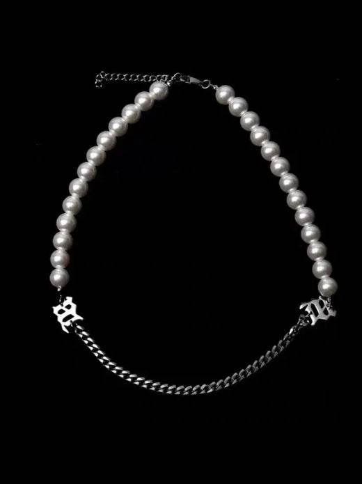 Pure silver letter splicing pearl necklace cool style collarbone chain versatile Baroque accessories - MOWTE