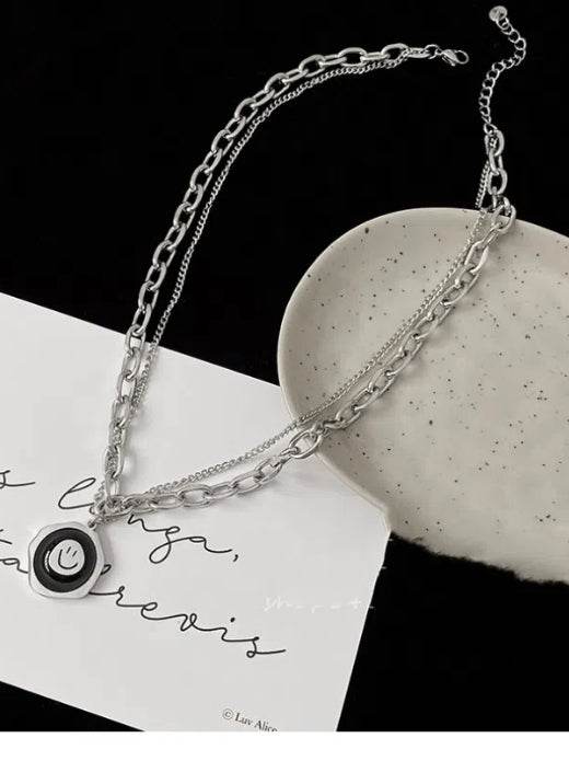 Pure silver smiley face hip-hop fashion exquisite double-layer layered sweater sweatshirt chain - MOWTE