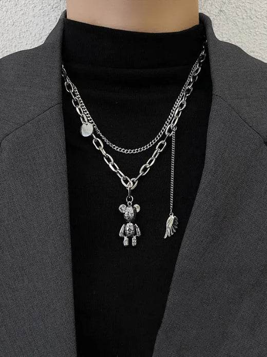 Pure silver teddy bear necklace hip-hop double-layer layered sweater chain - MOWTE