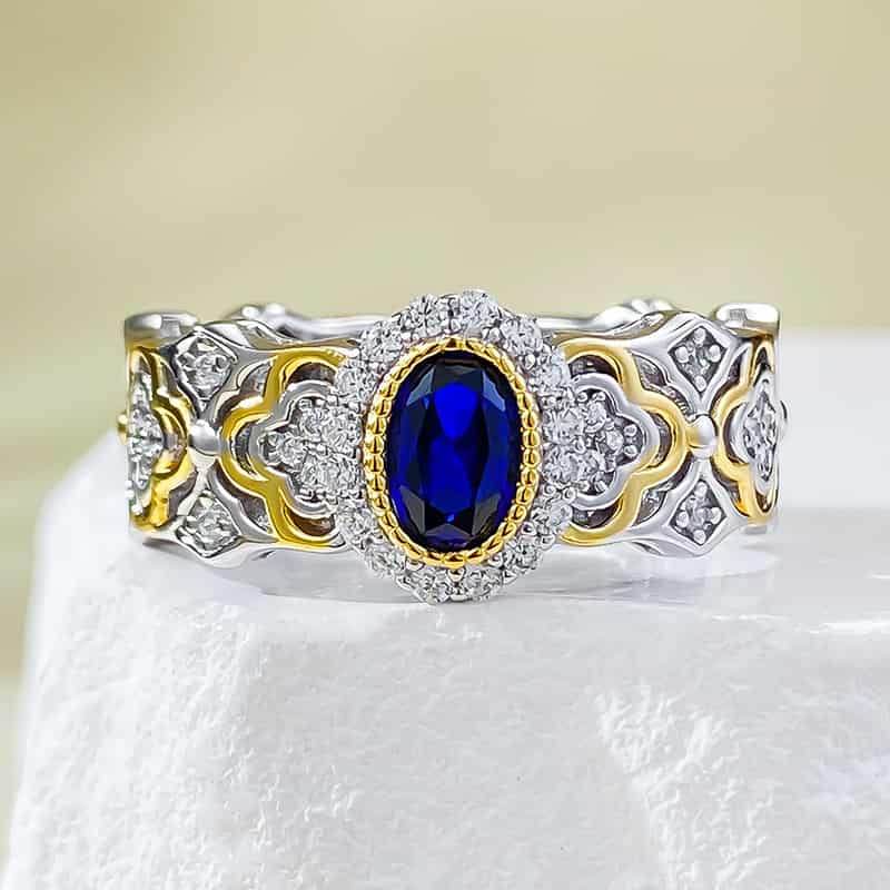 S925 silver French romantic 4*6mm simulated royal sapphire ring - MOWTE