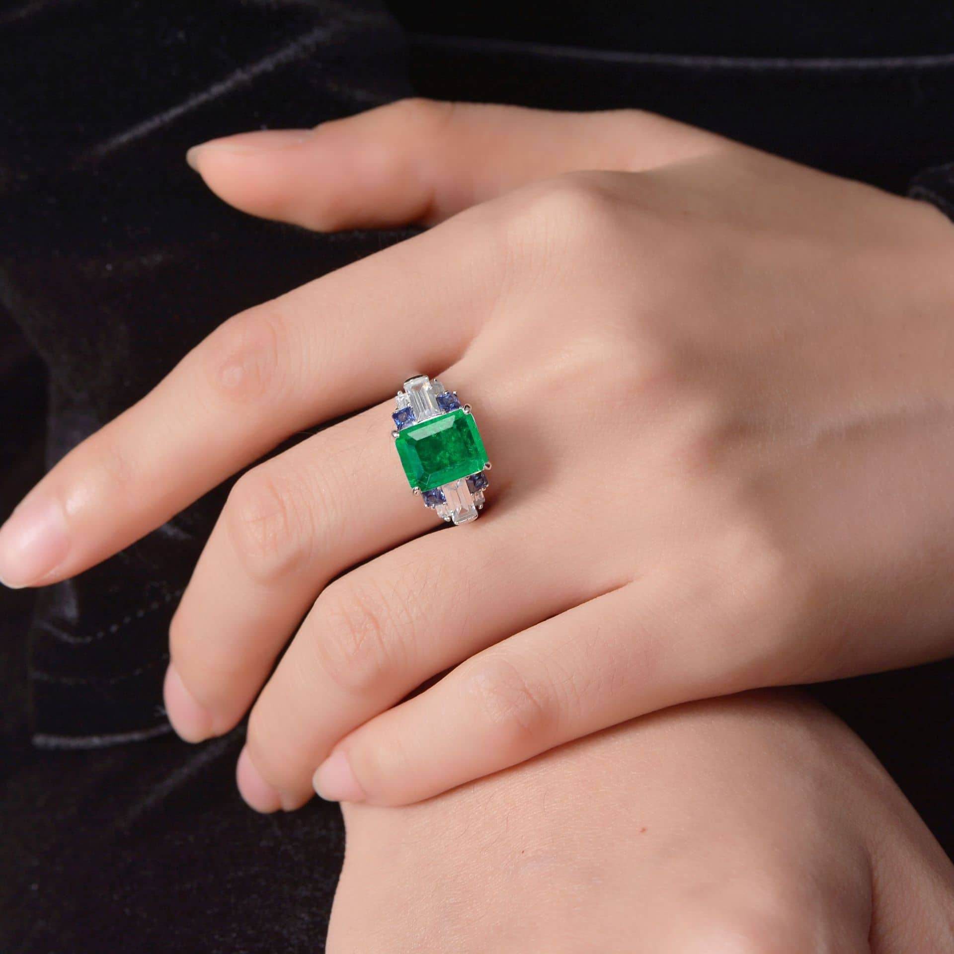 s925 silver 4 carat extremely high artificial sapphire rectangular 8*10 ring high carbon diamond retro luxury ring - MOWTE