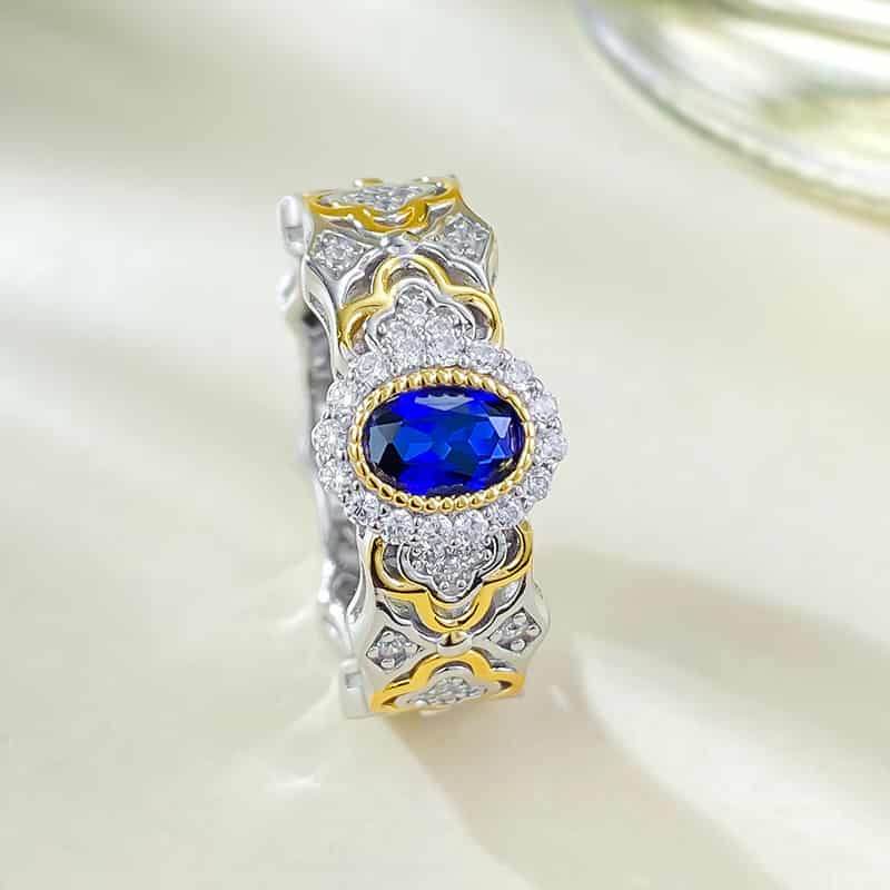 S925 silver French romantic 4*6mm simulated royal sapphire ring - MOWTE