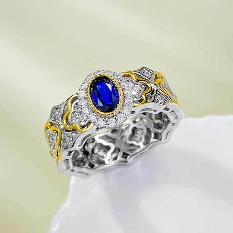 S925 silver French romantic 4*6mm simulated royal sapphire ring - MOWTE