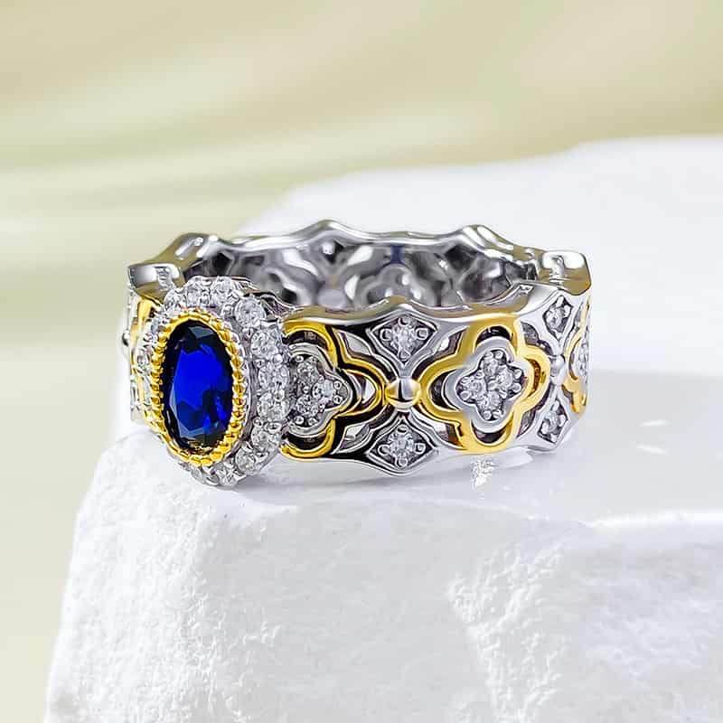 S925 silver French romantic 4*6mm simulated royal sapphire ring - MOWTE