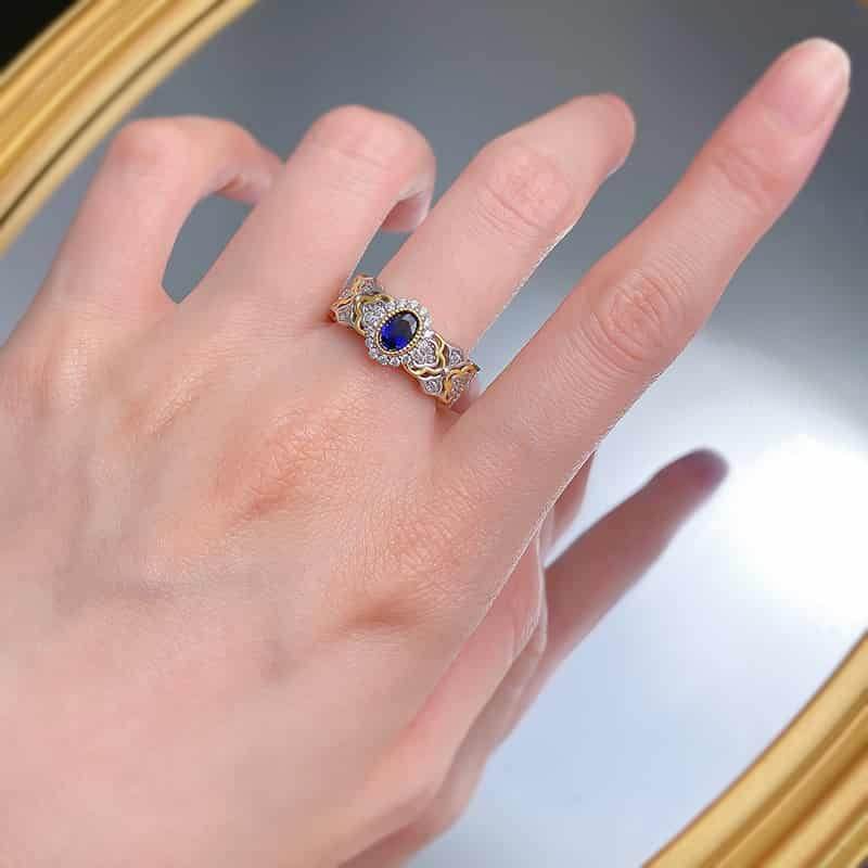 S925 silver French romantic 4*6mm simulated royal sapphire ring - MOWTE
