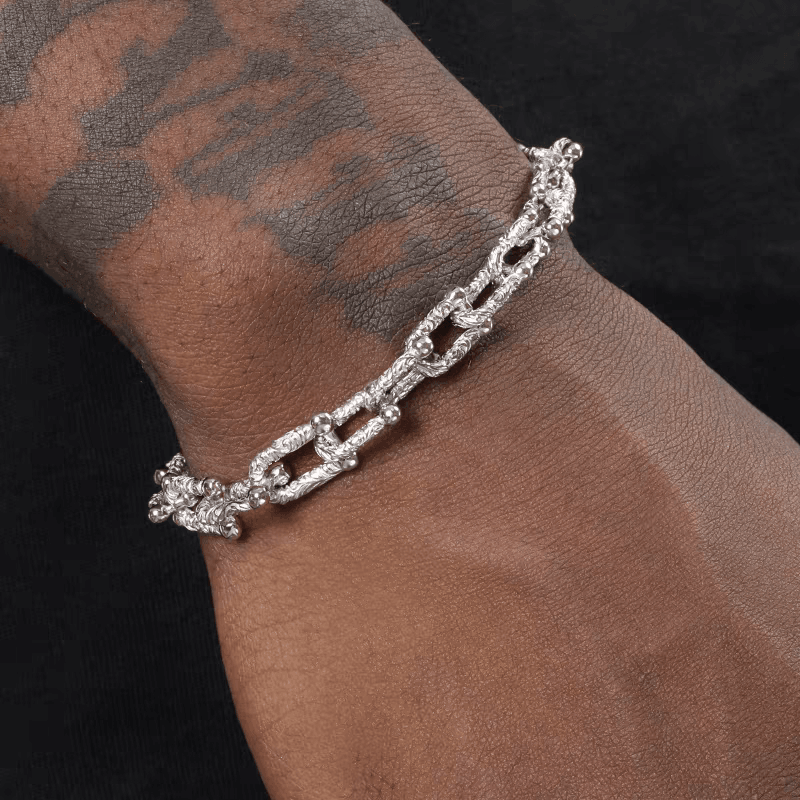 S925 sterling silver textured U-shaped bracelet men's hip-hop versatile plain chain bracelet adjustable - MOWTE