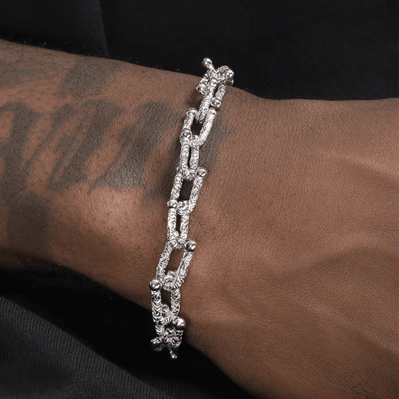 S925 sterling silver textured U-shaped bracelet men's hip-hop versatile plain chain bracelet adjustable - MOWTE