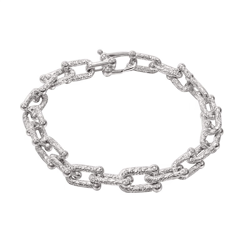 S925 sterling silver textured U-shaped bracelet men's hip-hop versatile plain chain bracelet adjustable - MOWTE