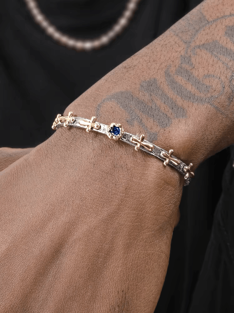 Retro cross bracelet S925 sterling silver bangle men and women hip-hop personality bracelet opening adjustable - MOWTE