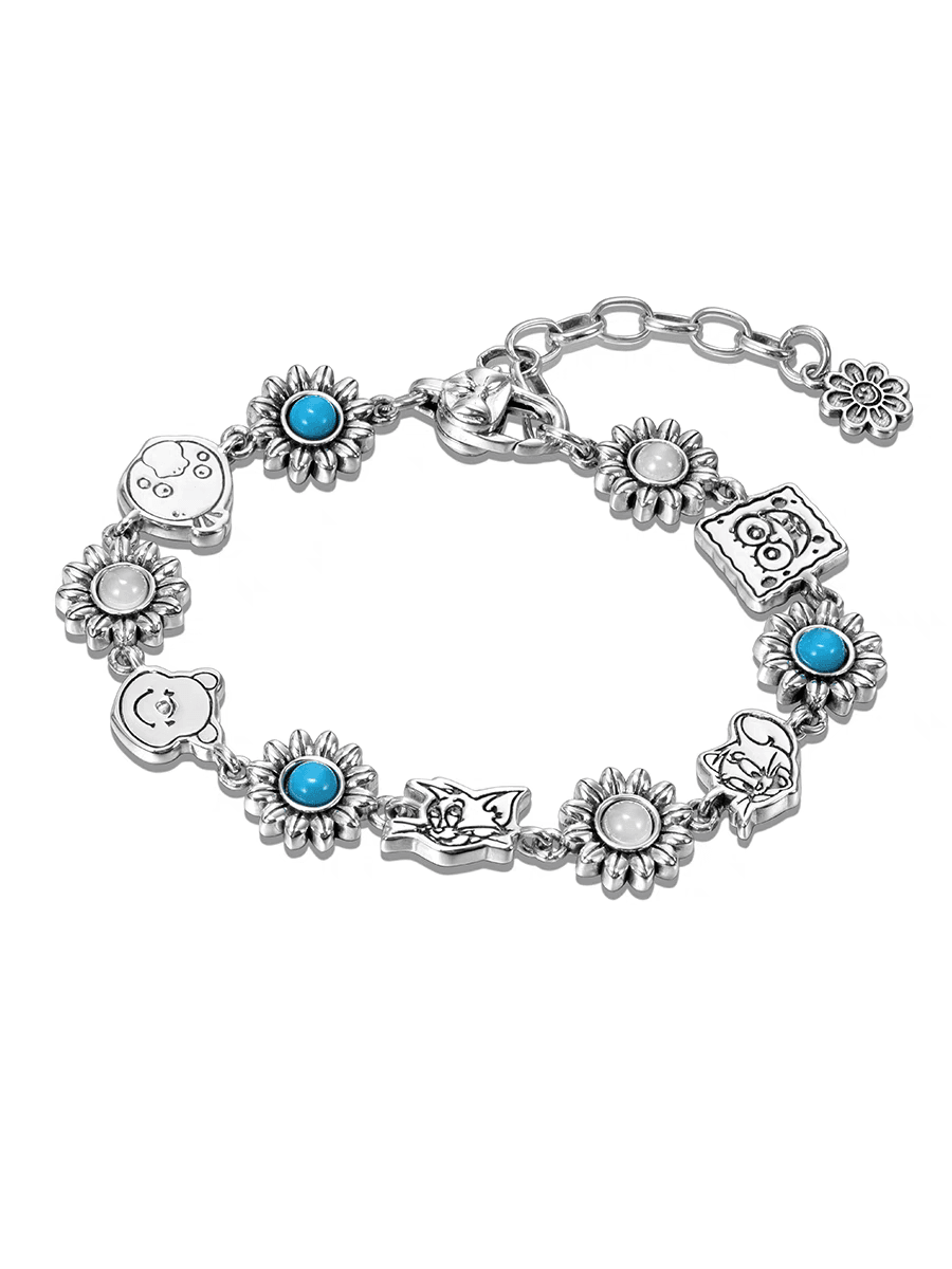 S925 sterling silver sunflower bracelet for men and women retro trend personality all-match cartoon character silver jewelry - MOWTE